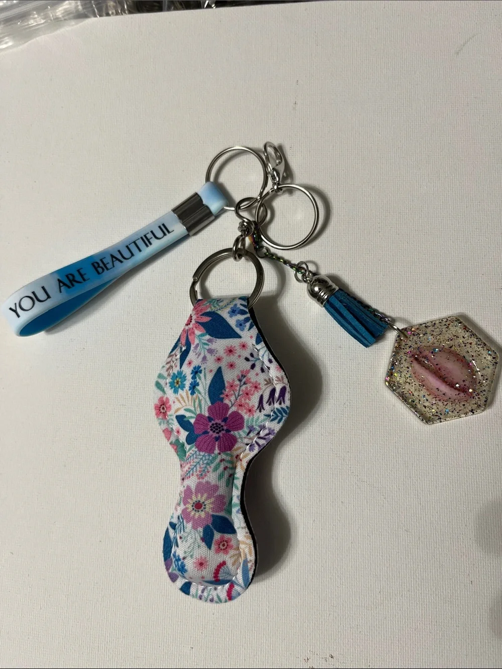 Floral Blue Lip Balm Detachable Keychain You Are Beautiful Wristlet 2 pr Earring